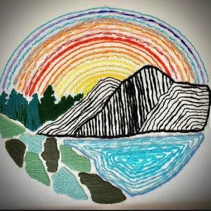 Hand-Embroidered Rainbow Mountain Landscape Wall Art - Multicolor